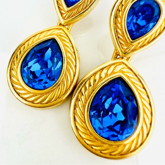 VTG 80s Swarovski Swan Blue Pear Cut Crystal Pendant Chain Necklace Earrings - Picture 8 of 11
